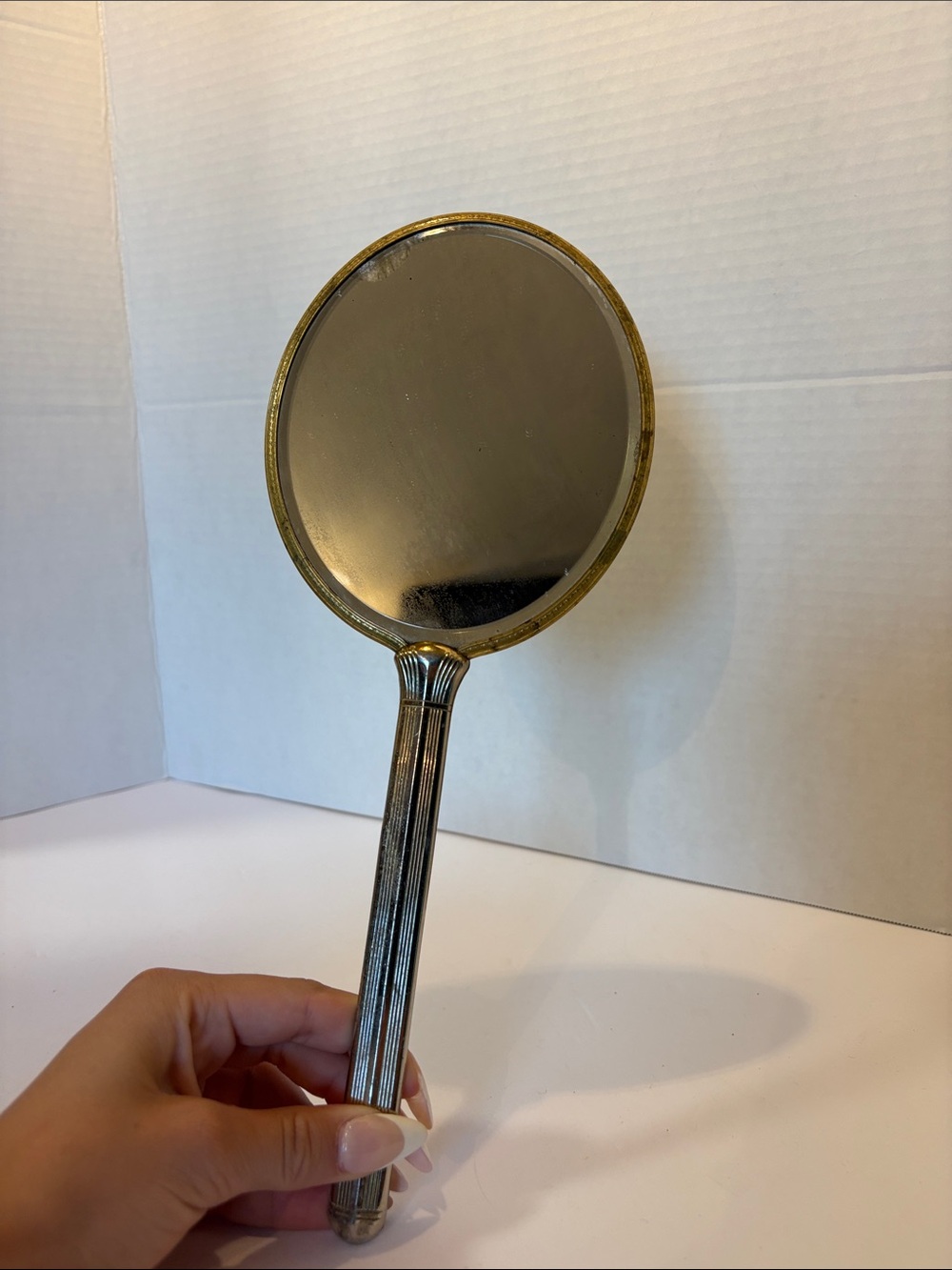 Vintage Art Deco Celluloid Hand Mirror - Butterscotch Floral Back